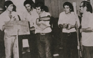 In a recording studio with conductor/producer Alex Weiss, singer/composer Boaz Sharabi, guitarist Yigal Hared and singer Sasi Keshet, beginning of the 1970’s.